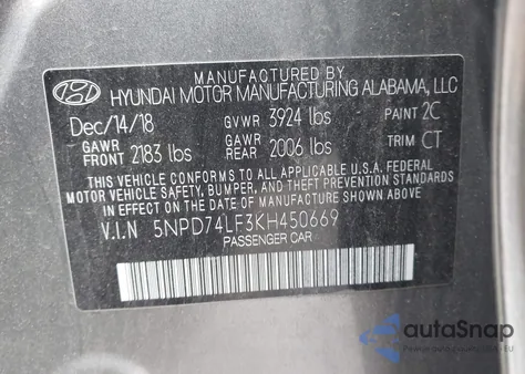 2019 Hyundai Elantra Se z USA, uszkodzony, nr VIN 5NPD74LF3KH450669